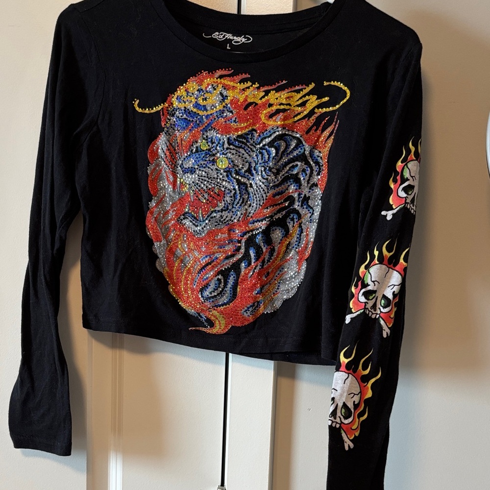 Ed Hardy Black Long Sleeve Tee with Colorful Graphics